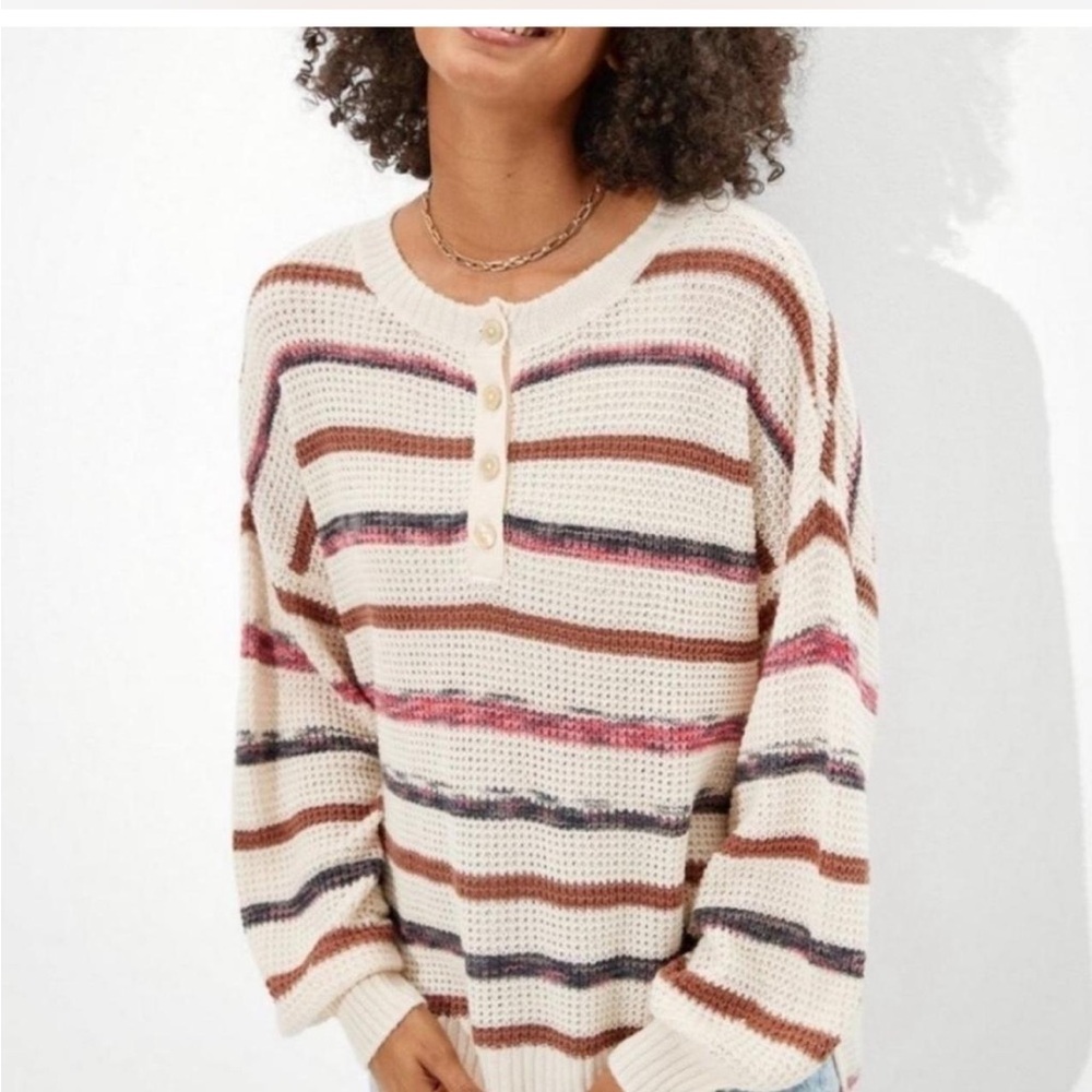 American Eagle Outfitters Cream Knit Sweater with Brown and Red Stripes